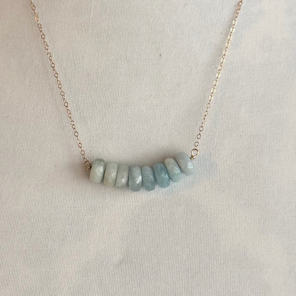 Aquamarine Beaded Bar Necklace on Delicate Gold Chain | Minimalist - Picture 2 of 4